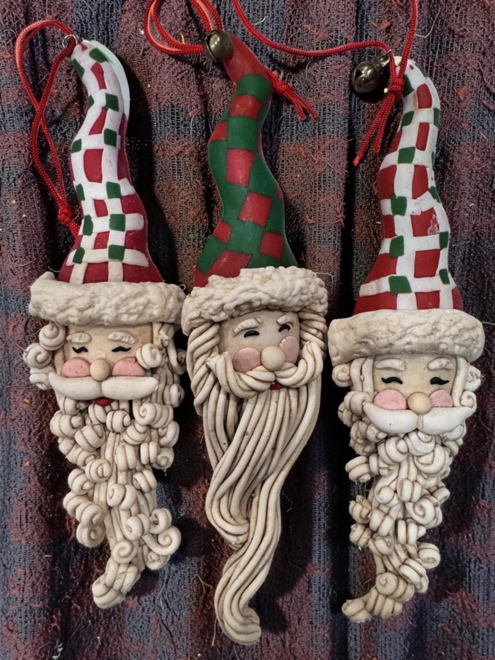 Whimsical Handcrafted Red & Green Checkered Santa Head Ornaments